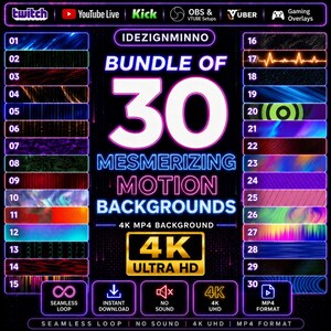 Puede incluir: Un paquete digital de 30 fondos de movimiento fascinantes en resolución 4K Ultra HD. Los fondos presentan varios diseños coloridos y son adecuados para superposiciones de transmisión y juegos. Incluye bucle continuo y formato MP4.
