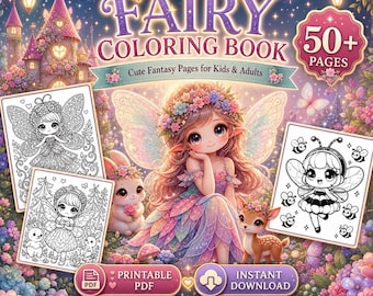 May include: A digital fairy coloring book cover with the title "FAIRY COLORING BOOK" and the text "Cute Fantasy Pages for Kids & Adults". The image features a fairy with a flower crown, surrounded by other fairies, flowers, and cute creatures. Includes "Printable PDF" and "Instant Download" options.