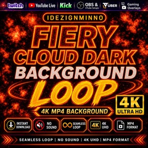 Op de afbeelding: Een digitale afbeelding met een vurige wolkenachtergrond en de tekst "FIERY CLOUD DARK BACKGROUND LOOP" in oranje en geel. Bevat de tekst "4K MP4 BACKGROUND" en "4K ULTRA HD". Pictogrammen voor direct downloaden, geen geluid, naadloze loop, 4K UHD en MP4-formaat.