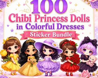 100 chibi-prinses-popstickers | Clipartbundel | Klaar om af te drukken, stickers knippen Cricut silhouet