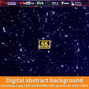 Puede incluir: Un fondo digital abstracto que muestra un cielo nocturno azul oscuro lleno de constelaciones y estrellas blancas brillantes. La barra superior muestra logotipos de Twitch, YouTube Live, Kick, OBS y Vuber. Una insignia dorada 4K ULTRA HD está centrada.