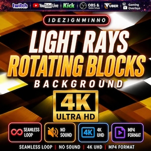 May include: A digital graphic featuring the text "LIGHT RAYS ROTATING BLOCKS BACKGROUND" in gold and white. The graphic is labelled "4K ULTRA HD" and includes icons for seamless loop, no sound, and MP4 format. Social media logos are at the top.