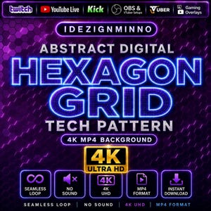 Puede incluir: Gráfico digital con un diseño de cuadrícula hexagonal púrpura y negro. El texto dice "HEXAGON GRID TECH PATTERN" con "4K MP4 BACKGROUND" debajo. Incluye iconos para bucle continuo, sin sonido, 4K UHD, formato MP4 y descarga instantánea.