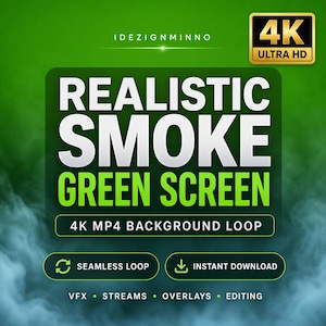 Könnte beinhalten: Digitalgrafik mit dem Text "REALISTIC SMOKE GREEN SCREEN" in Weiß und Grün. Das Bild enthält den Text "4K ULTRA HD" und "4K MP4 BACKGROUND LOOP". Zusätzlicher Text enthält "SEAMLESS LOOP" und "INSTANT DOWNLOAD".