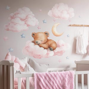 Teddy Bear Wall Stickers - Children&#39;s room Wall Decal with Moon, Stars and Clouds, Baby Shower Nursery Interior Decor, Kids Bedroom Decals