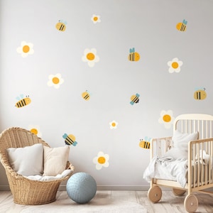 Smiling Flowers & Bees Wall Decals – Floral Bee Wall Stickers, Playful Baby Room Decor, Reusable Nature-Themed Decals