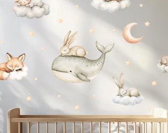 Whale and Bunny Wall Decals – Soft Pastel Sleeping Animals Baby Room Decor, Nursery Cloud & Star Theme, Non-Toxic Reusable Wall Art