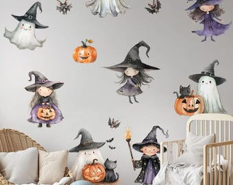 Calcomanías de pared de brujas: calabazas de Halloween, estrellas, murciélagos y brujas voladoras. Pegatinas extraíbles para habitación de bebé, decoración segura para habitación infantil.