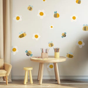Bees Wall Decals – Nature-Inspired Nursery Art for Girls & Boys, Reusable Stickers in L-XL Sizes, Adorable Bee and Floral Kids Room Decor