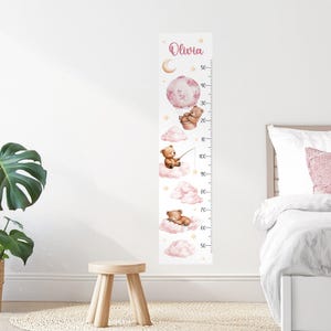 Stickers muraux ours et nuages : toise personnalisée avec nom pour garçons et filles, autocollant à coller, courbe de croissance sans plastique pour chambre d'enfant