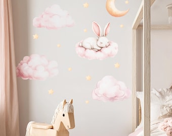 Teddy Bunny Wall Decals – Sleeping Bunny on Cloud with Stars & Moon, Soft Pink Watercolor Nursery Stickers, Dreamy Girls Room Wall Decor