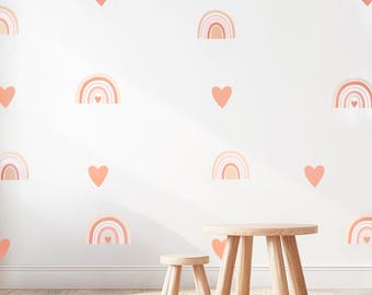 Boho Rainbow & Heart Wall Decals - Kids Room Wall Stickers, Non-Toxic Reusable Nursery Decor, Rainbow Stickers for Baby Room