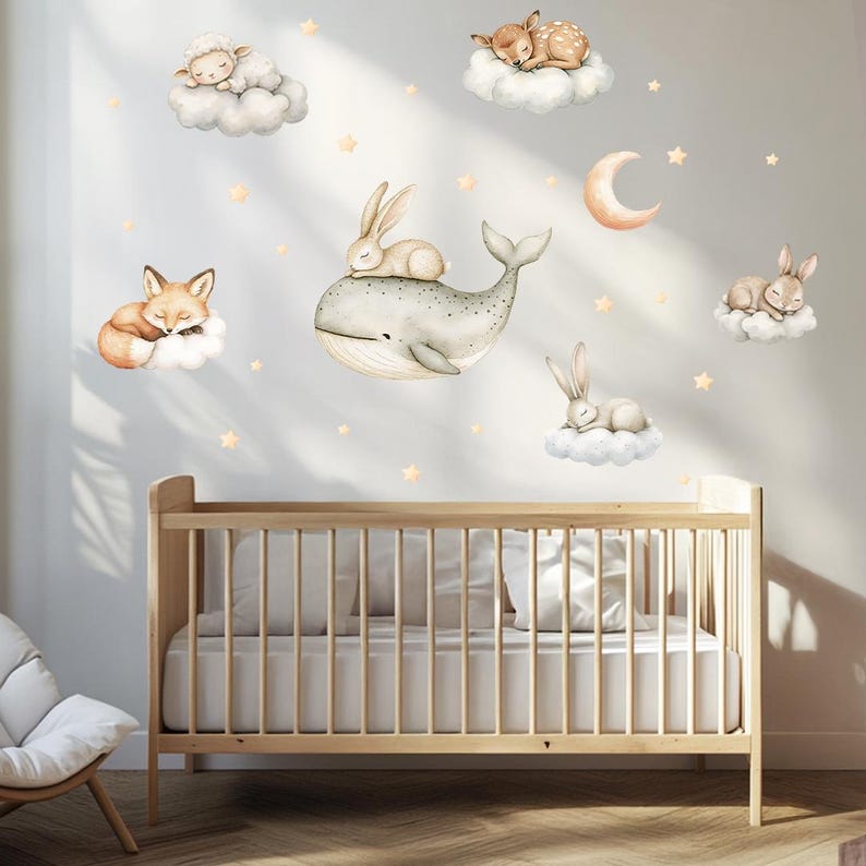 Whale and Bunny Wall Decals – Soft Pastel Sleeping Animals Baby Room ...