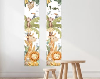 Jungle Animals Height Chart Wall Decals – Watercolor Growth Ruler with Giraffe, Monkey & Lion – Reusable Nursery Wall Art in Safari Theme