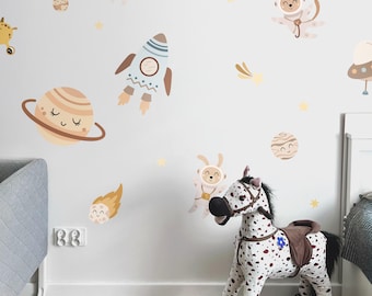Space Wall Decals – Reusable & Safe Stickers with Rockets, Stars and Astronaut Animals for Kids Room in L and XL Sizes