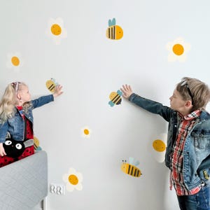 Bees & Flowers Wall Decals – Floral Bee Kids Room Decor, Nature-Inspired Nursery Wall Art, Adorable Reusable Stickers for Children’s Spaces