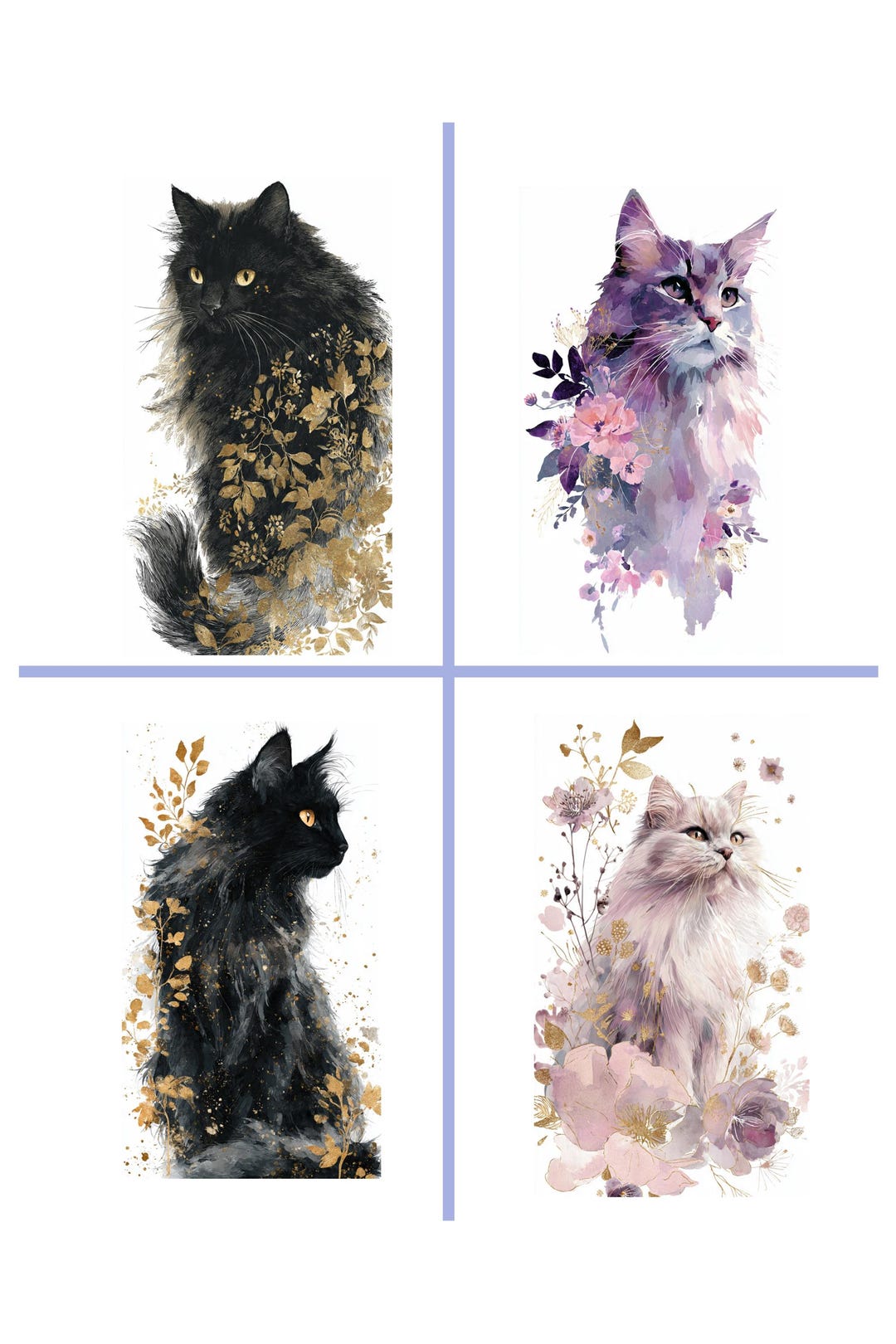 Black Cat Print Set of 4, Floral Boho Neutral Decor, Minimalist Digital ...