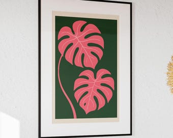 Pink Monstera Leaf Print – Modern Tropical Botanical Wall Art (Digital Download)