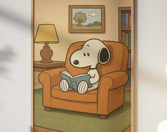 Snoopy Reading Chair Print – Cozy Cartoon Library Wall Art Poster (Digital Download)