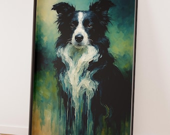 Könnte beinhalten: Ein gerahmter Kunstdruck mit einem Border Collie-Hund. Der Hund ist in einem malerischen Stil mit schwarz-weißem Fell dargestellt, vor einem Hintergrund aus Türkis- und Grüntönen. Das Kunstwerk wird in einem schwarzen Rahmen präsentiert.