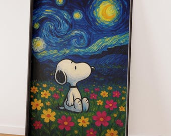 Snoopy Starry Night Print – Van Gogh Style Cartoon Dog Wall Art Poster (Digital Download)