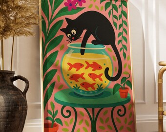 Impression ludique chat noir et poisson rouge : oeuvre d'art murale fantaisiste (téléchargement numérique)