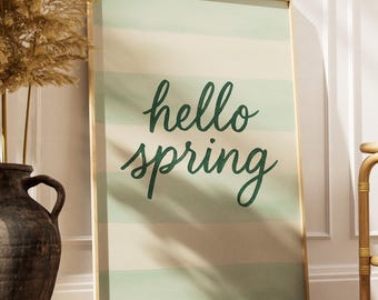 Hello Spring Typography Print – Soft Green Striped Wall Art, Minimal Seasonal Decor (Digital Download)