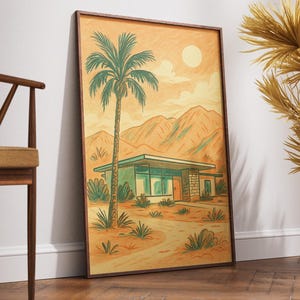 Puede incluir: Una impresión artística enmarcada que representa una casa moderna de mediados de siglo con una palmera y un paisaje desértico. La obra de arte presenta una paleta de colores naranja, verde y marrón. La impresión está apoyada contra una pared blanca junto a una silla de madera y jarrones decorativos.