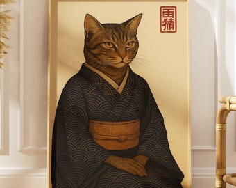 Cat Yokai Kimono Art Print – Japanese Folklore Animal Illustration Poster (Digital Download)
