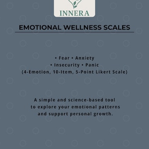 Puede incluir: Gráfico promocional para las Escalas de Bienestar Emocional de Innera. La imagen presenta el logotipo de Innera, el texto "EMOTIONAL WELLNESS SCALES" y una lista de emociones: Miedo, Ansiedad, Inseguridad y Pánico. También incluye una descripción del producto.