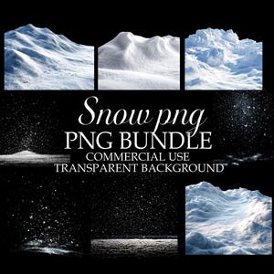 Könnte beinhalten: Ein digitales Kunstpaket mit schneebedeckten Landschaften und Schneefalleffekten. Das Bild zeigt schneebedeckte Hügel und einen Sternenhimmel mit dem Text "Snow png PNG BUNDLE COMMERCIAL USE TRANSPARENT BACKGROUND."