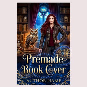 May include: A book cover featuring a person with long red hair in a brown leather jacket standing in a library with a mechanical owl on a stack of books. The text reads Premade Book Cover and Author Name, set against a blue background with gears.