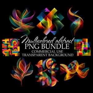 May include: A set of eight colourful abstract graphic design elements. The designs are made up of geometric shapes, lines, and swirls. The designs are on a transparent background.  Multicoloured abstract PNG bundle. Commercial use. Transparent background.