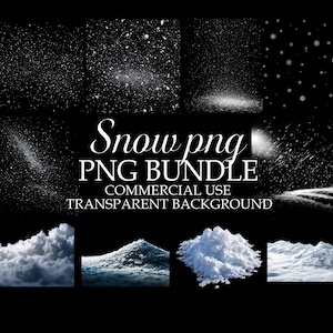 Puede incluir: Un paquete PNG digital que presenta varios efectos y texturas de nieve. La imagen incluye múltiples gráficos relacionados con la nieve, como nieve cayendo, montones de nieve y ventisqueros, todo sobre un fondo negro. El texto dice "Snow png PNG BUNDLE COMMERCIAL USE TRANSPARENT BACKGROUND."