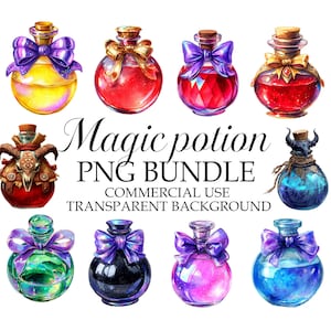 May include: Watercolor illustration of eight magic potion bottles with cork stoppers and decorative bows. The bottles contain various colored liquids, including yellow, red, and blue. Text reads "Magic potion PNG bundle, commercial use, transparent background."