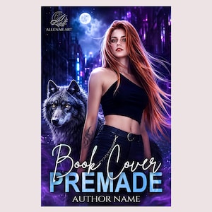 May include: A book cover featuring a person with long red hair wearing a black one-shoulder crop top and black pants with a chain. Beside them stands a large grey wolf with yellow eyes. The background shows a dark city street under a full moon.