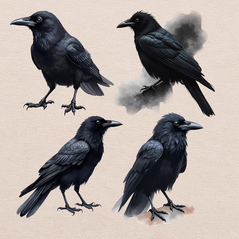 Akvarell Raven Clipart, Black Crow PNG-illustrationer (digital nedladdning) bild 6