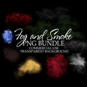 Może przedstawiać: Pakiet PNG grafiki cyfrowej z różnymi kolorowymi efektami mgły i dymu. Obraz zawiera tekst "Fog and Smoke PNG Bundle" ze zwrotami "Commercial Use" i "Transparent Background". Efekty są w kolorze czerwonym, niebieskim, żółtym i zielonym.