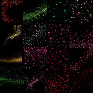 K&ouml;nnte beinhalten: Eine digitale Collage aus 12 Bildern mit funkelnden Sternen in verschiedenen Farben, darunter Rot, Pink, Gr&uuml;n und Gold. Die Sterne sind auf einem schwarzen Hintergrund verstreut und erzeugen einen festlichen und magischen Effekt.