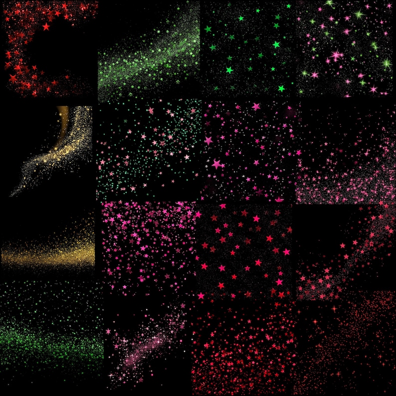 K&ouml;nnte beinhalten: Eine digitale Collage aus 12 Bildern mit funkelnden Sternen in verschiedenen Farben, darunter Rot, Pink, Gr&uuml;n und Gold. Die Sterne sind auf einem schwarzen Hintergrund verstreut und erzeugen einen festlichen und magischen Effekt.