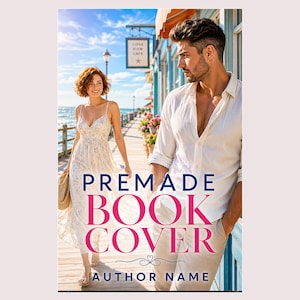 May include: A book cover featuring a person with short auburn hair in a white floral dress walking on a wooden pier toward a person in a white button-down shirt. The text reads PREMADE BOOK COVER AUTHOR NAME and COVE VIEW CAFE on a sign.