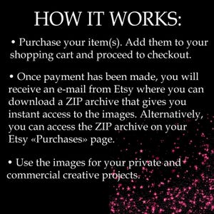 K&ouml;nnte beinhalten: Schwarzer Hintergrund mit wei&szlig;em Text, der erkl&auml;rt, wie man digitale Bilder bei Etsy kauft und herunterl&auml;dt. Der Text enth&auml;lt die Phrasen "HOW IT WORKS:" und "ZIP-Archiv".