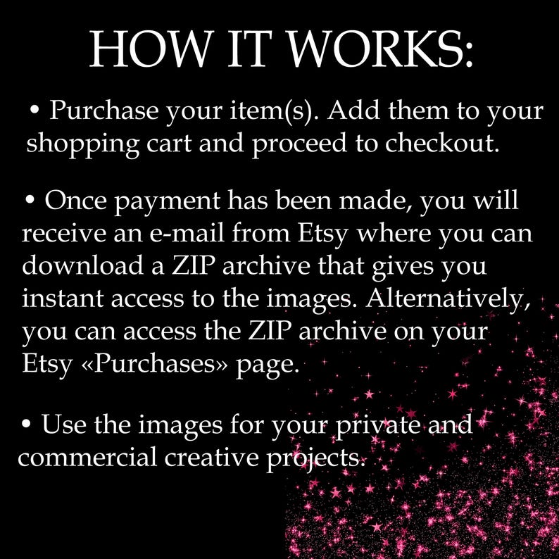 K&ouml;nnte beinhalten: Schwarzer Hintergrund mit wei&szlig;em Text, der erkl&auml;rt, wie man digitale Bilder bei Etsy kauft und herunterl&auml;dt. Der Text enth&auml;lt die Phrasen "HOW IT WORKS:" und "ZIP-Archiv".