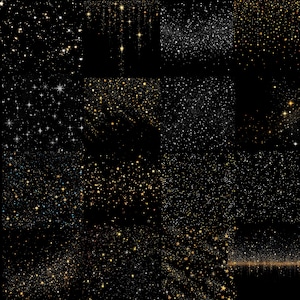 K&ouml;nnte beinhalten: Eine Collage aus neun Bildern mit verschiedenen Mustern von funkelnden Sternen auf schwarzem Hintergrund. Die Sterne sind in verschiedenen Gr&ouml;&szlig;en und haben einen goldenen oder wei&szlig;en Schimmer.