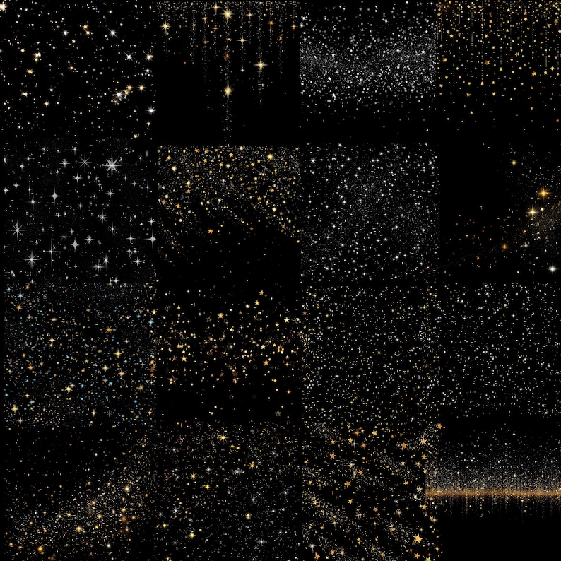 K&ouml;nnte beinhalten: Eine Collage aus neun Bildern mit verschiedenen Mustern von funkelnden Sternen auf schwarzem Hintergrund. Die Sterne sind in verschiedenen Gr&ouml;&szlig;en und haben einen goldenen oder wei&szlig;en Schimmer.