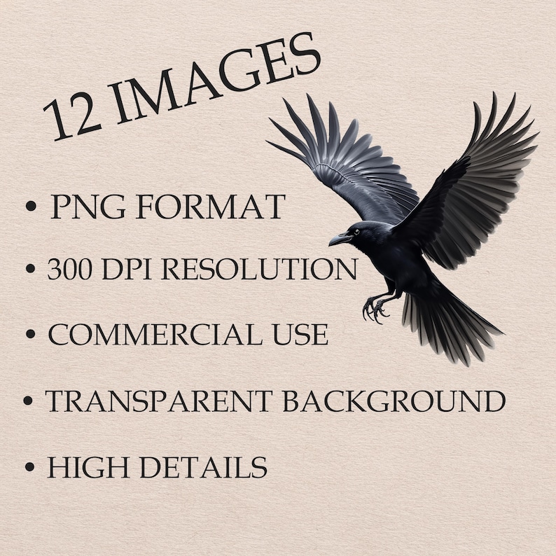 Watercolor Raven PNG Clipart, 12 Black Crow Illustrations, Gothic Bird Clipart, Transparent Background, Digital Download, Commercial Use