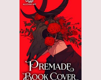 Portada de novela romántica con calavera con cuernos, retrato de rosa demoníaca, arte de libro de novela ocultista (descarga digital)