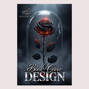 May include: A digital illustration of a black rose with fiery red accents, encased in a cracked glass dome. The rose is on a stem with dark leaves and a silver chain. The words "Book Cover DESIGN" are at the bottom.