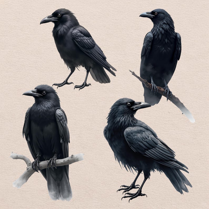 Watercolor Raven PNG Clipart, 12 Black Crow Illustrations, Gothic Bird Clipart, Transparent Background, Digital Download, Commercial Use