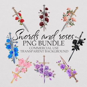 Può includere: Una collezione di spade ornate adornate con rose in vari colori, tra cui rosso, rosa, blu e viola. L'immagine include il testo "Swords and roses PNG Bundle" con dettagli sull'uso commerciale e sfondo trasparente.
